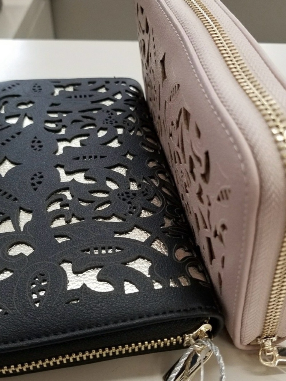 NWOT Stylish Laser-Cut Zip Wallet In grey & Gold